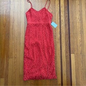 NSR coral midi dress Battenberg lace  M medium cocktail stretch NWT bridesmaid